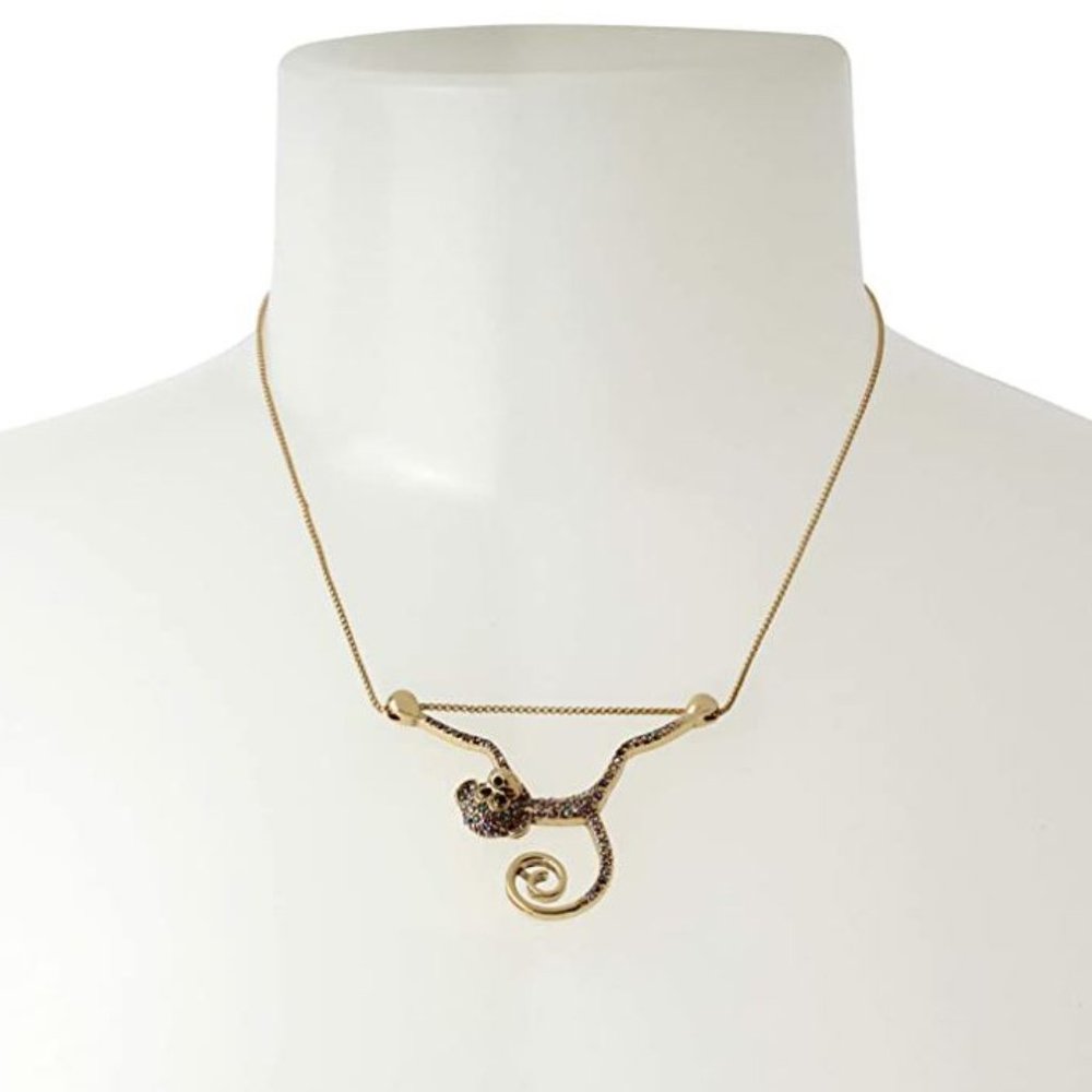 🐒 BETSEY JOHNSON | Pave Monkey Acrobat On Bar Pendant Necklace Gold Tone Chain - Picture 4 of 11